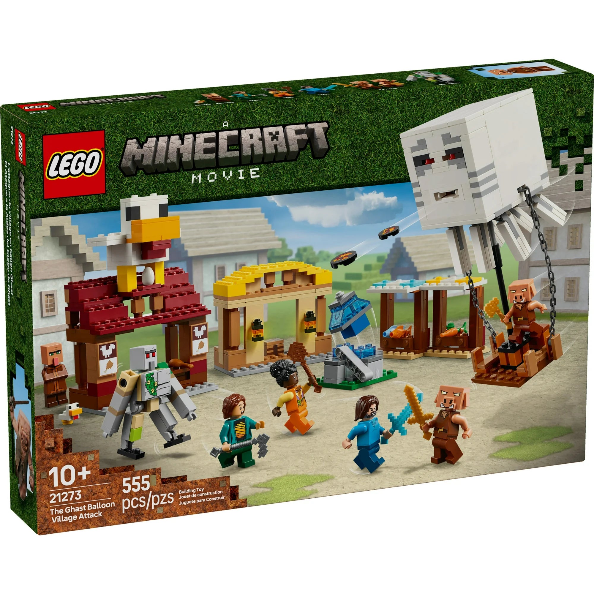LEGO Minecraft Movie set packaging with characters and buildings.