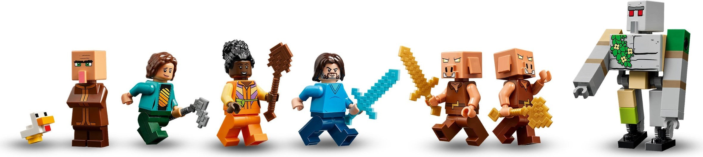 Row of LEGO figures with various poses and accessories on a plain background