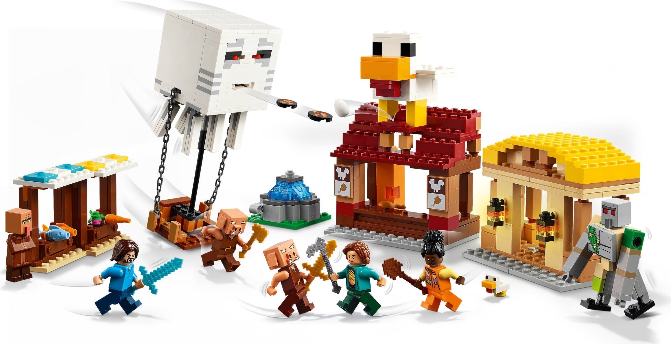 LEGO set with various characters and structures on a white background