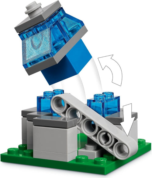 LEGO structure with blue and gray elements on a white background
