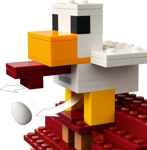 LEGO model of a bird with a red base and yellow beak on a white background