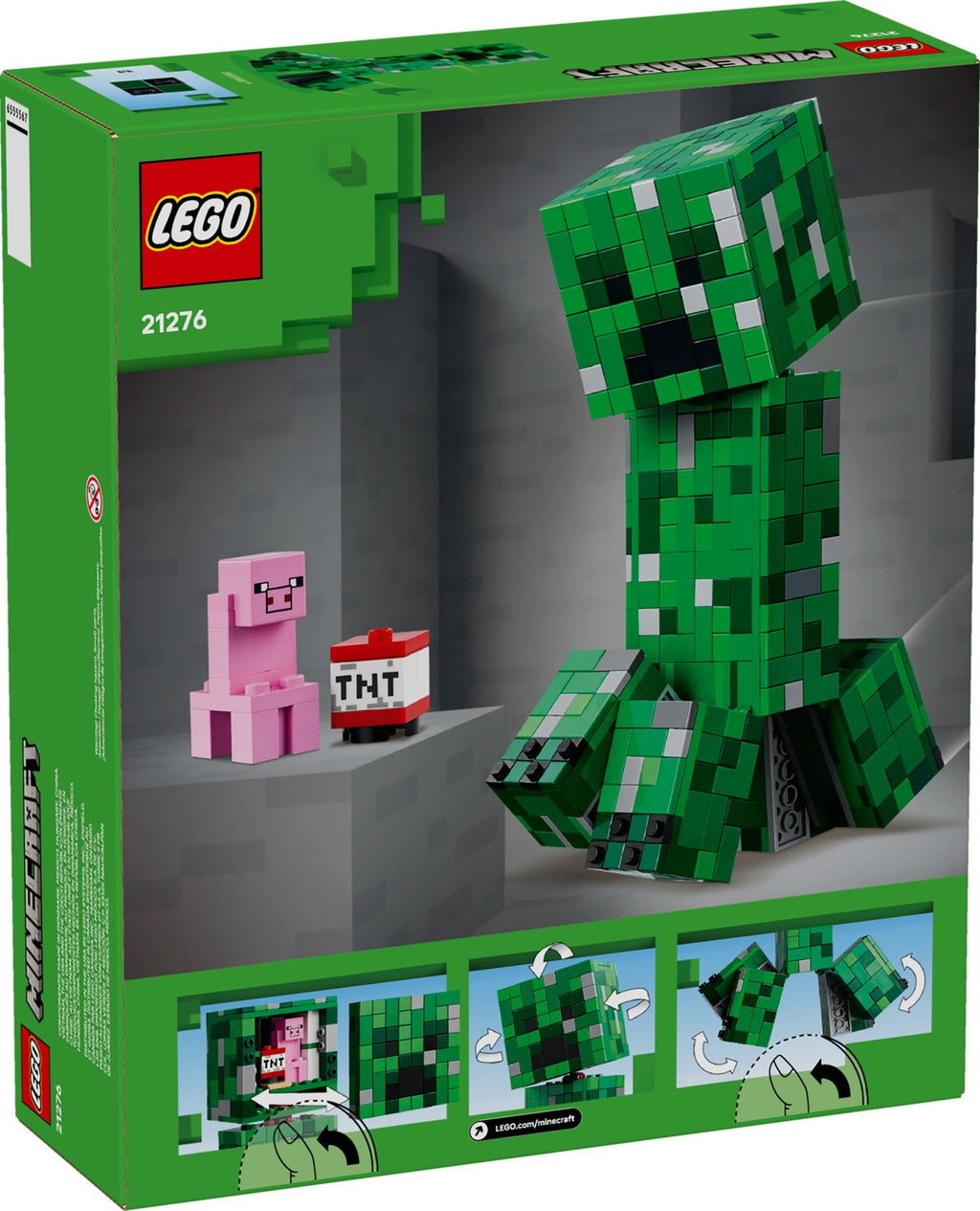 LEGO Minecraft set packaging with green Creeper figure and small characters on a gray background