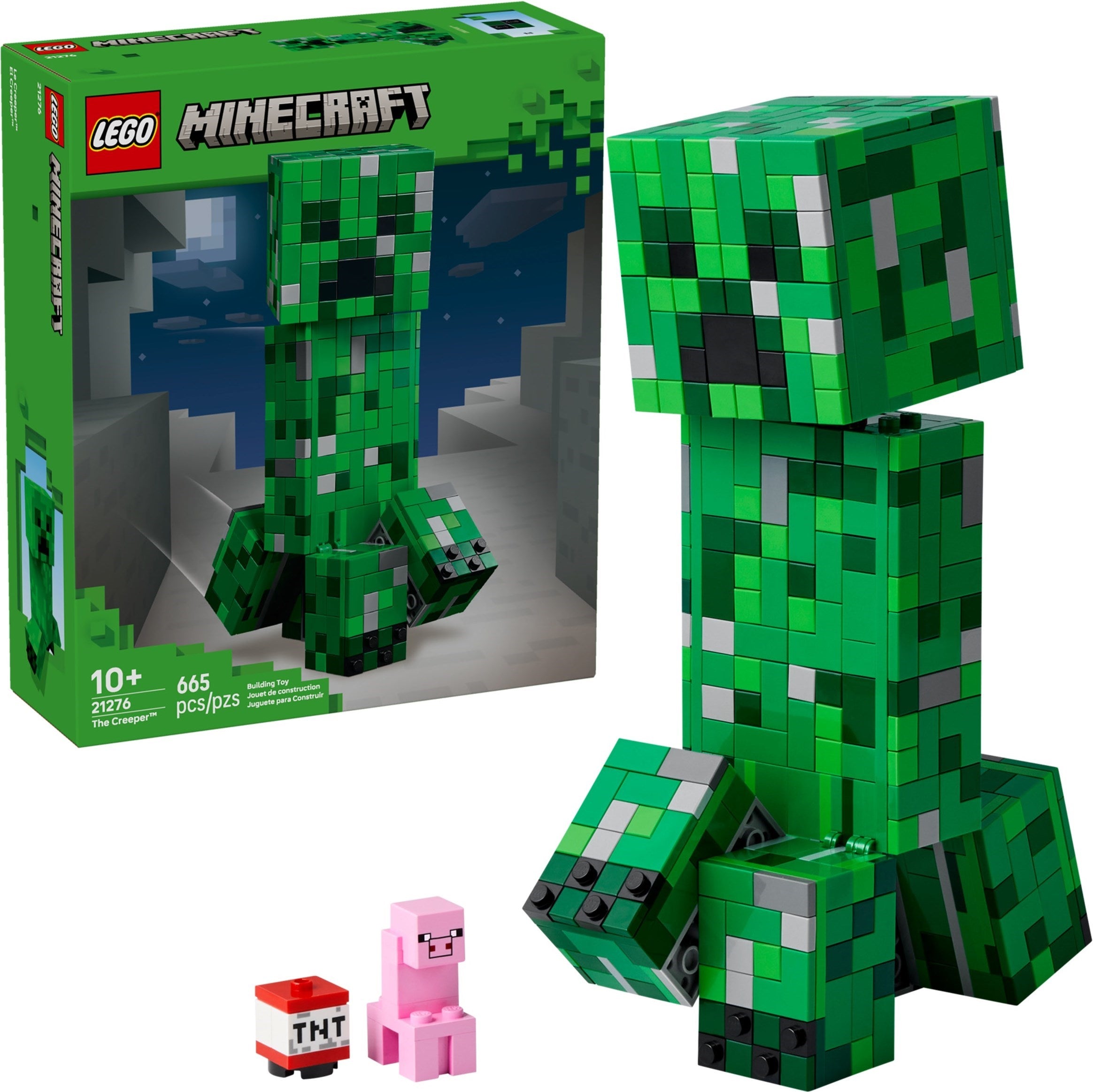LEGO Minecraft Creeper figure with packaging and small figures on a white background
