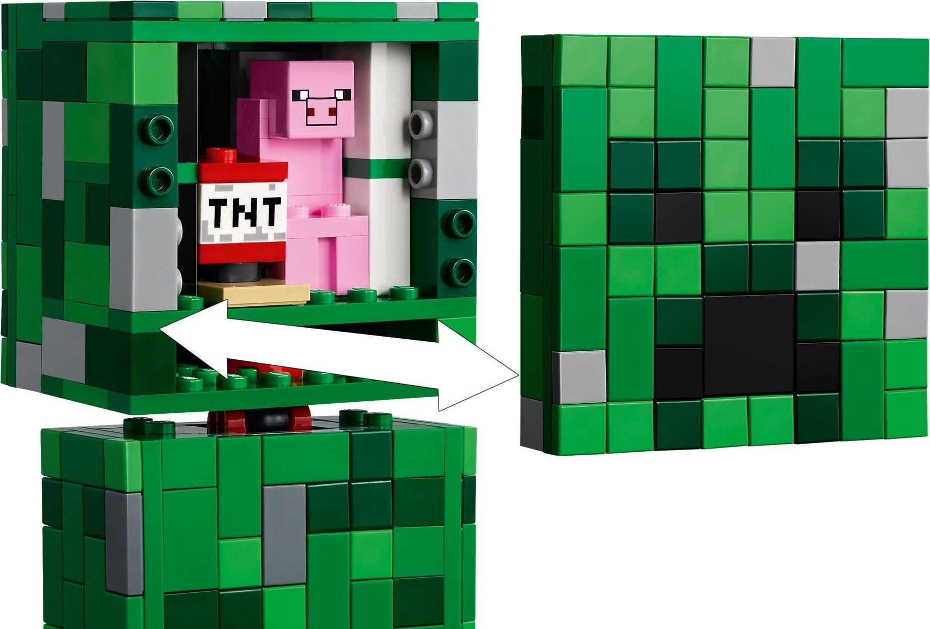 LEGO Minecraft creeper with TNT and pink pig inside, showing different views.