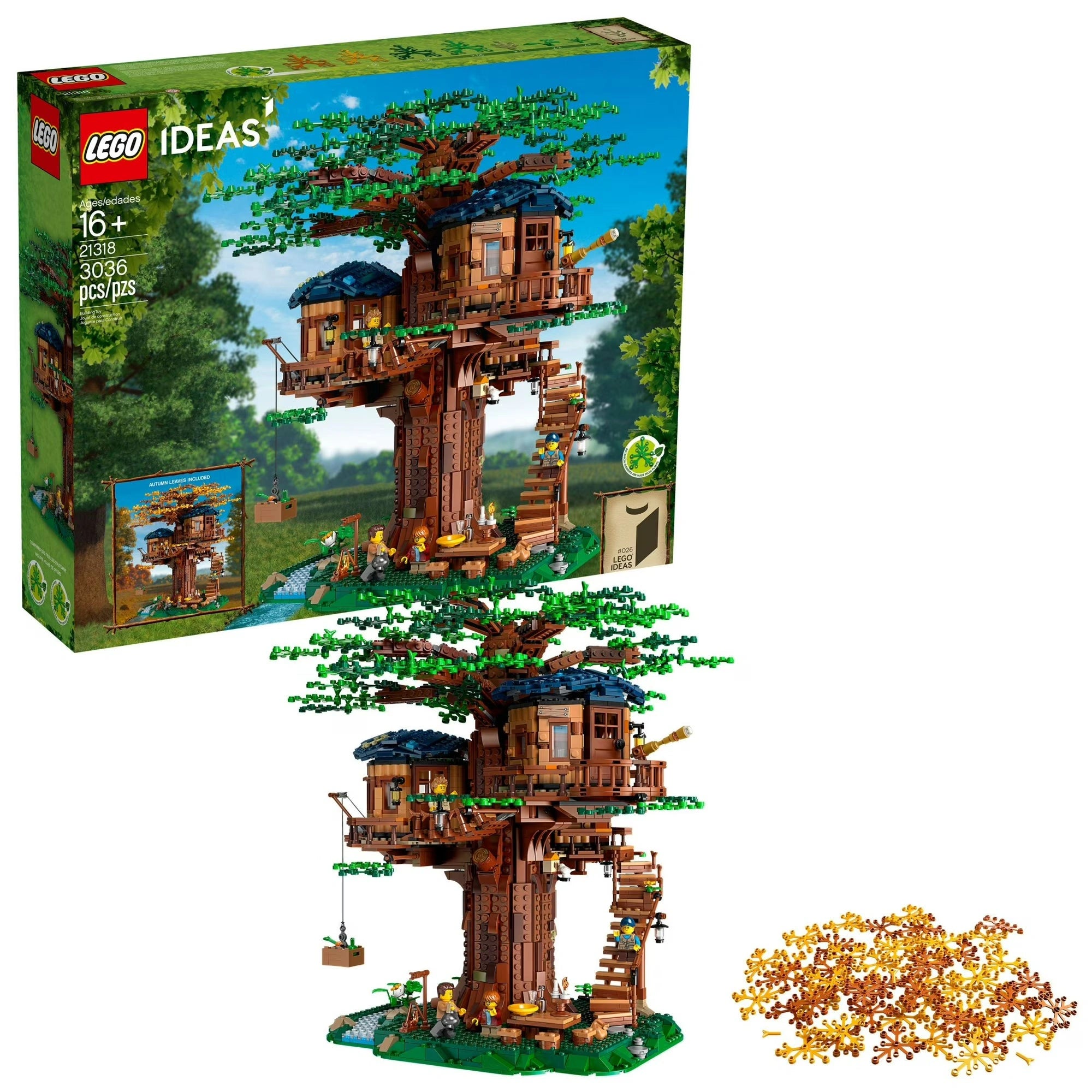 LEGO Ideas Tree House set with packaging and additional pieces on a white background