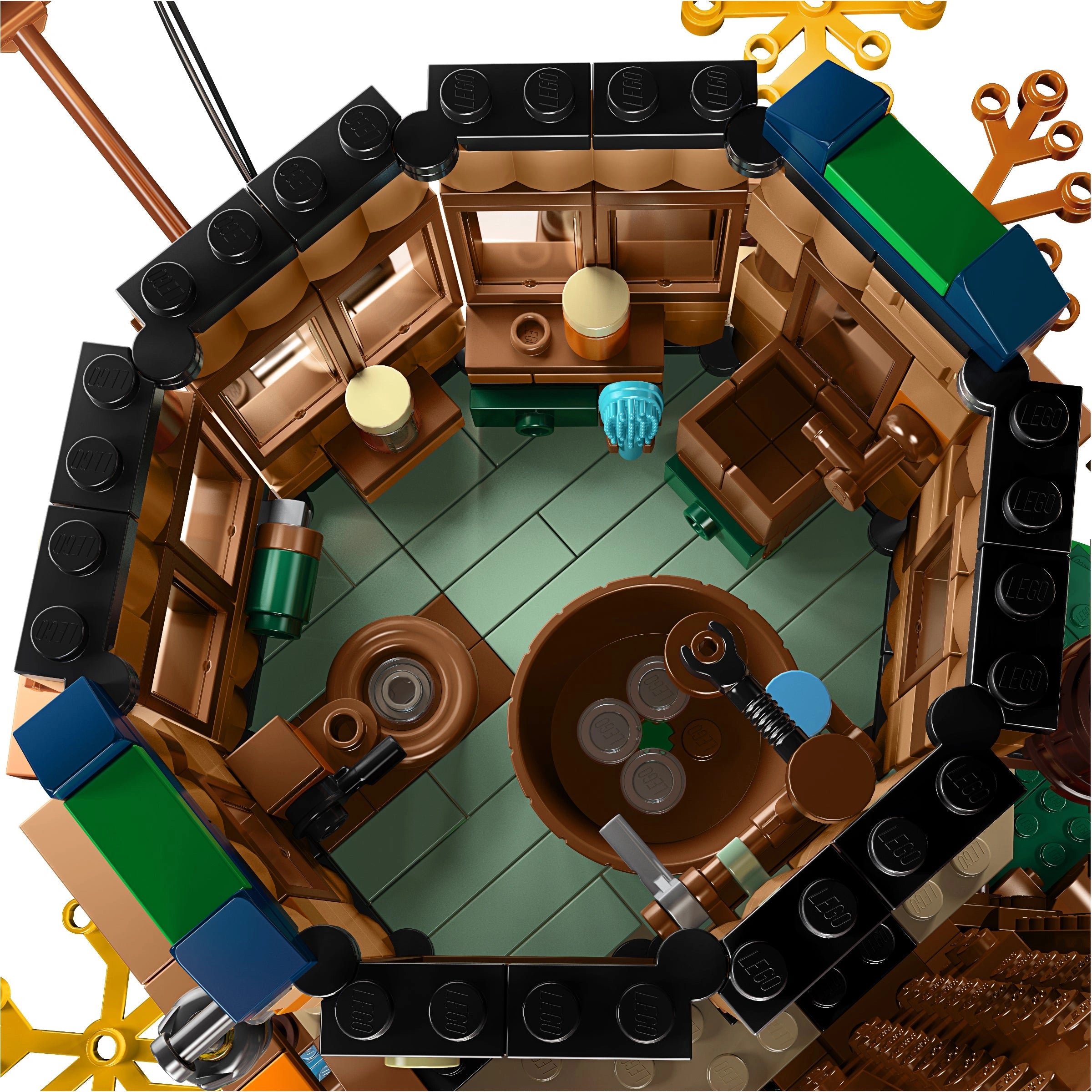 Top-down view of a LEGO model of a bar with various elements.