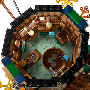 Top-down view of a LEGO model of a bar with various elements.