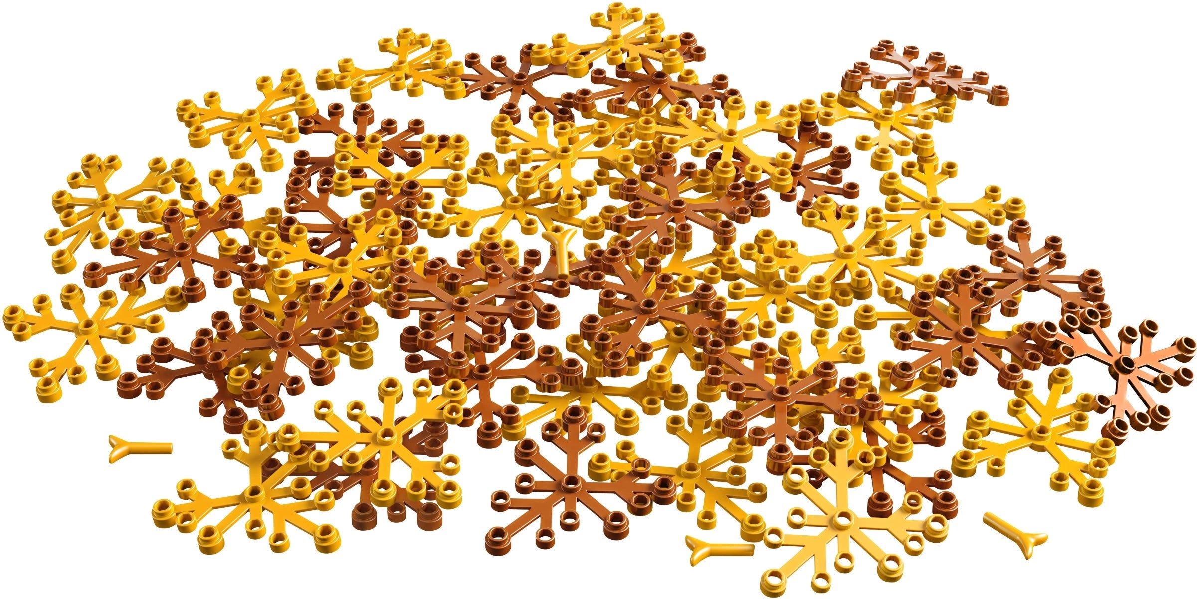 Collection of gold and bronze snowflake-shaped decorations on a white background