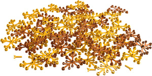 Collection of gold and bronze snowflake-shaped decorations on a white background