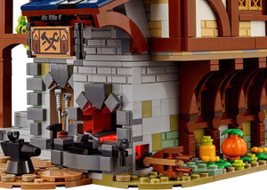 Close-up of a LEGO fireplace with detailed brickwork and accessories.
