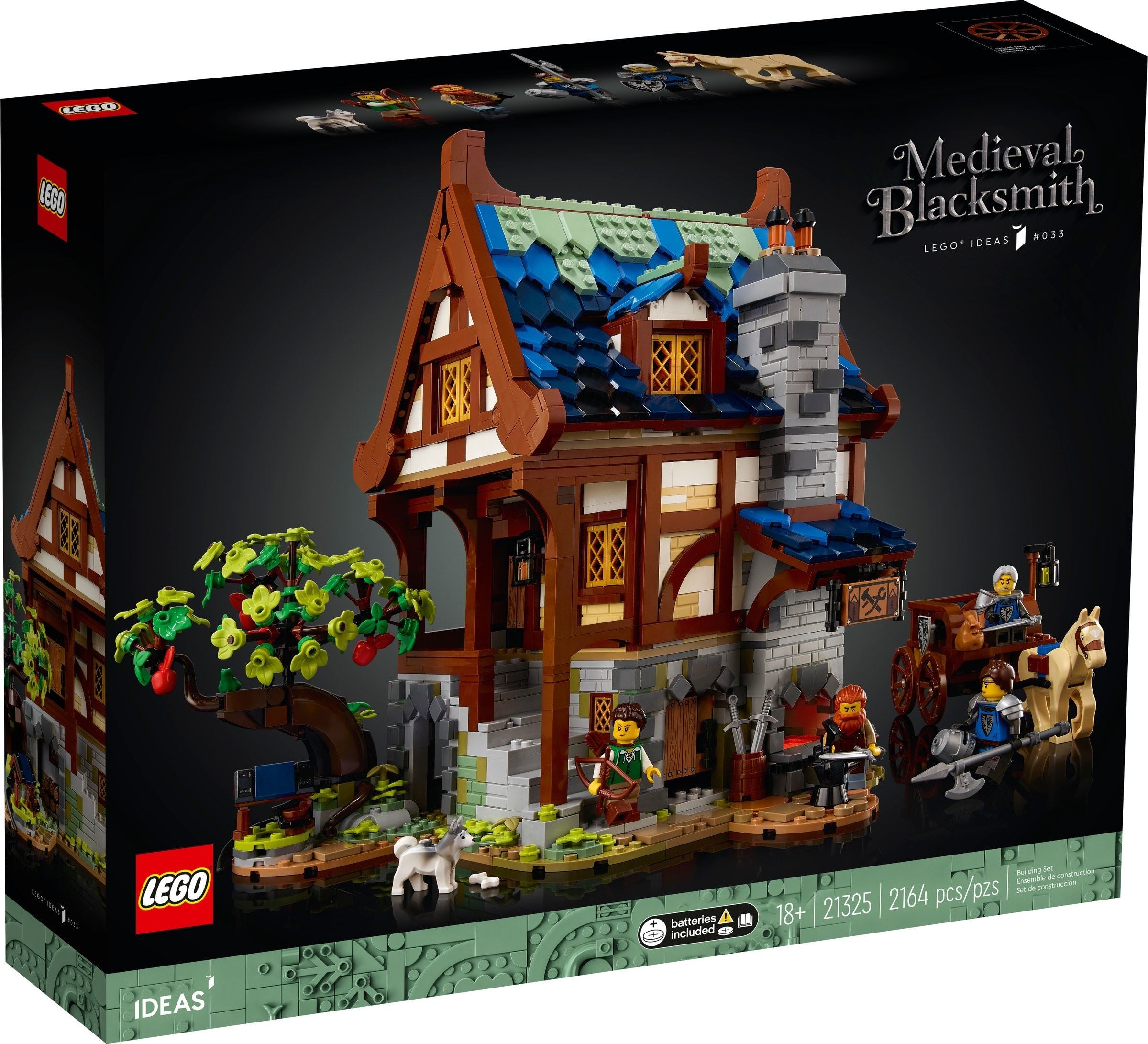 LEGO Medieval Blacksmith set packaging with detailed model and LEGO branding.