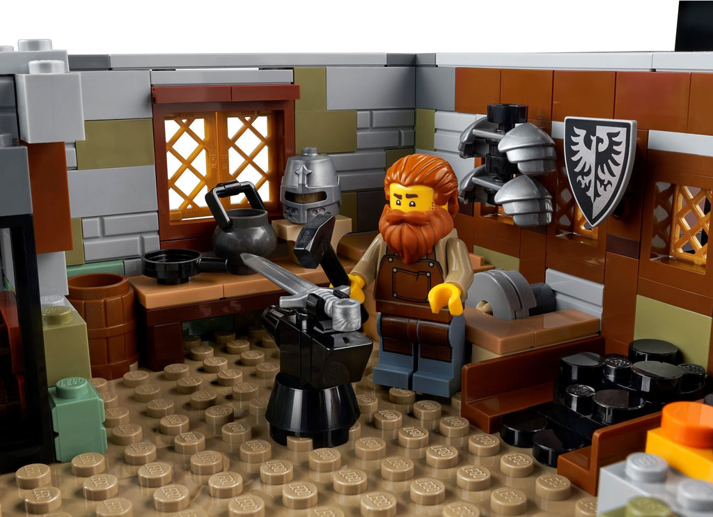 LEGO set with a character in a kitchen setting, surrounded by kitchen items and furniture.
