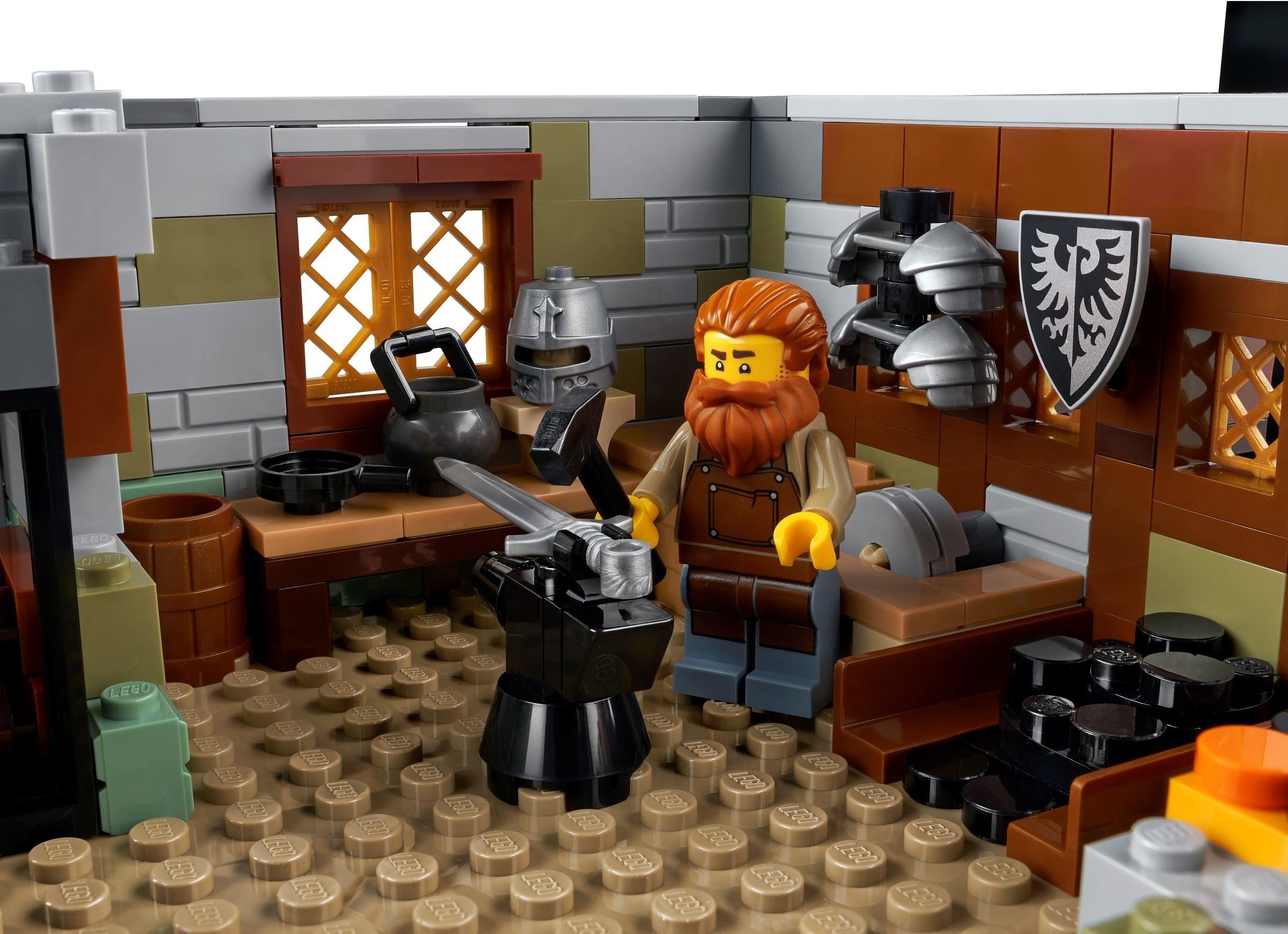 LEGO set with a character in a kitchen setting, surrounded by kitchen items and furniture.