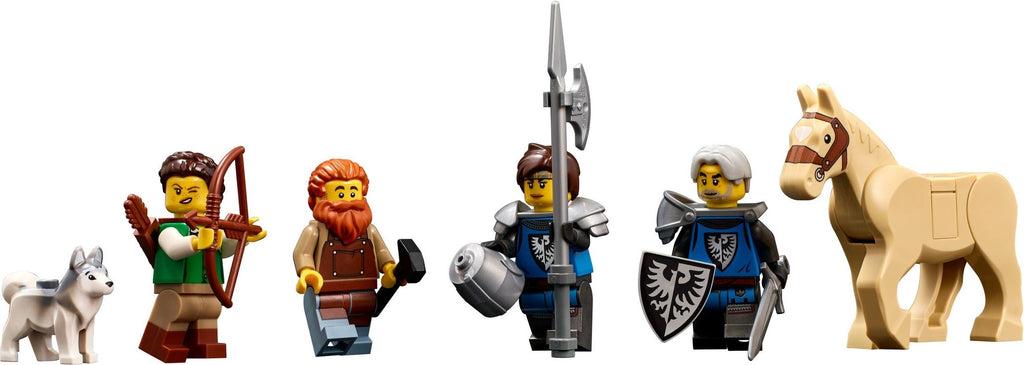 Set of LEGO figurines including a warrior, a horse, and other characters on a white background