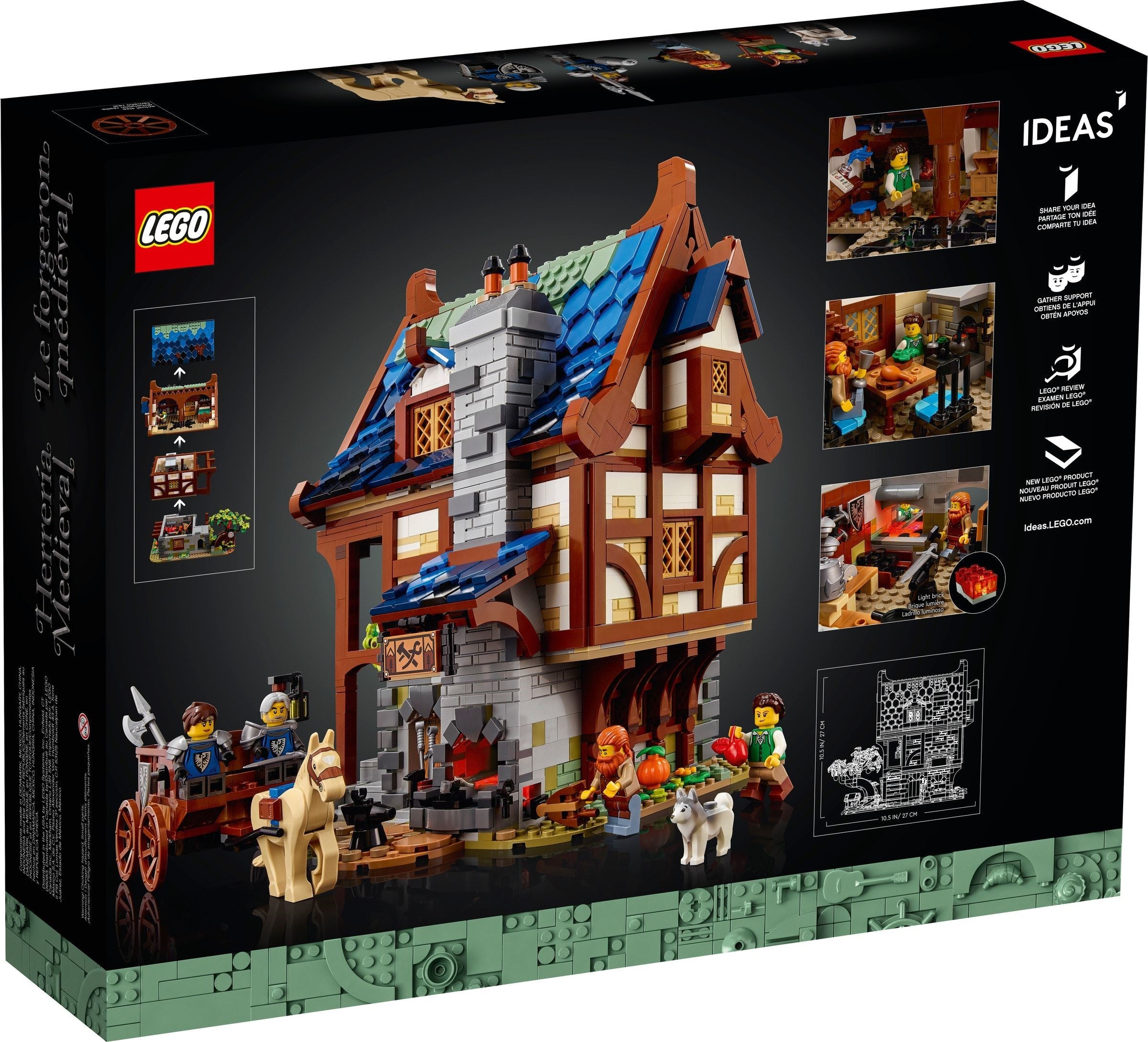 LEGO Ideas medieval townhouse set packaging with figures and details.