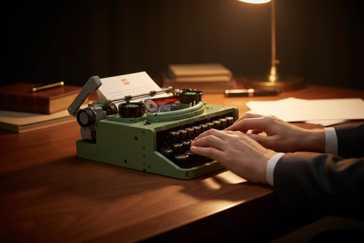 Person typing on a vintage green typewriter at a desk with a warm light.