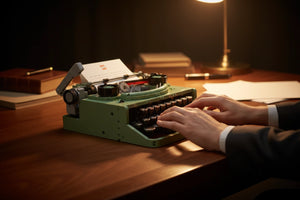 Person typing on a vintage green typewriter at a desk with a warm light.