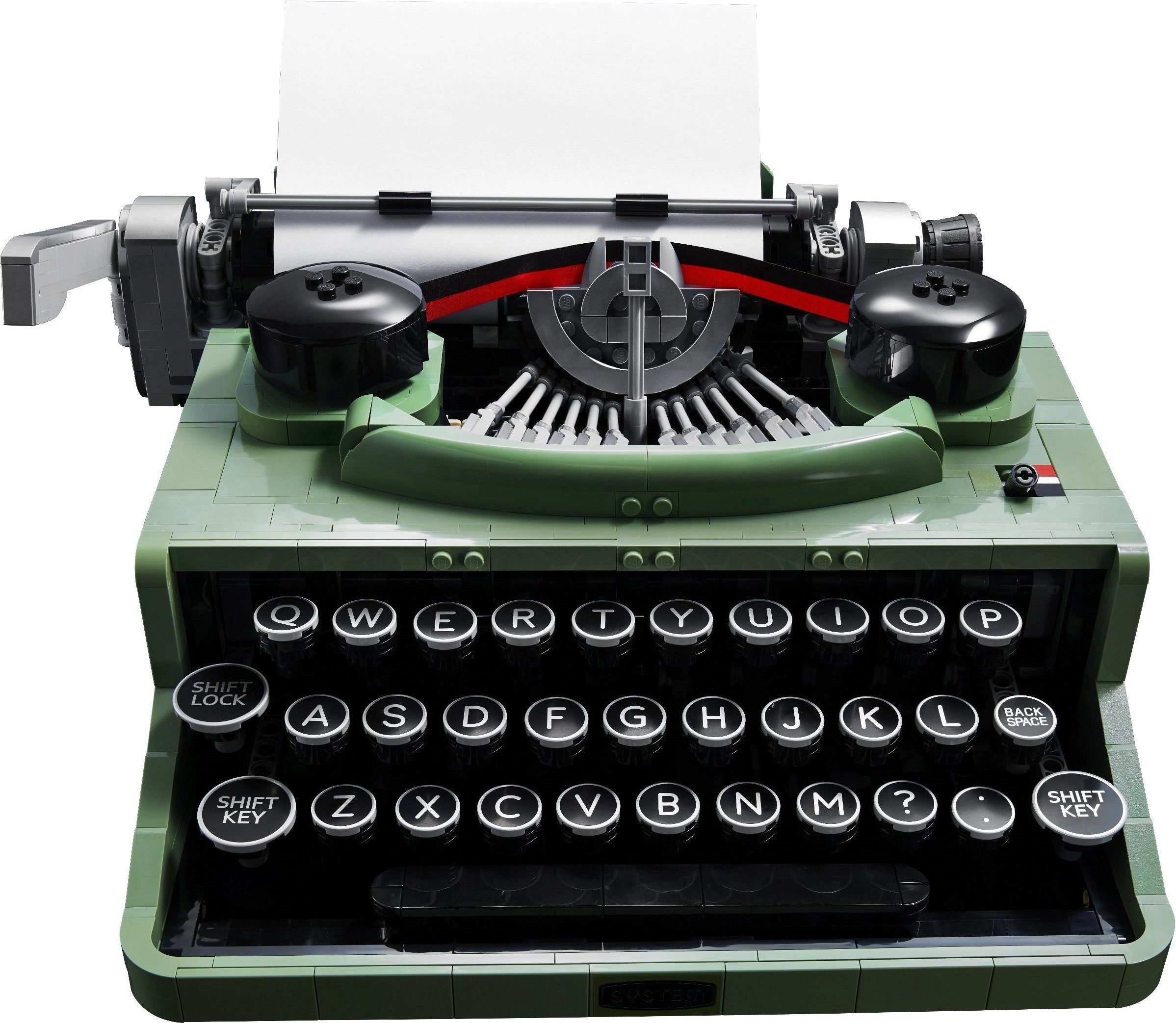 Green typewriter with visible keys on a white background