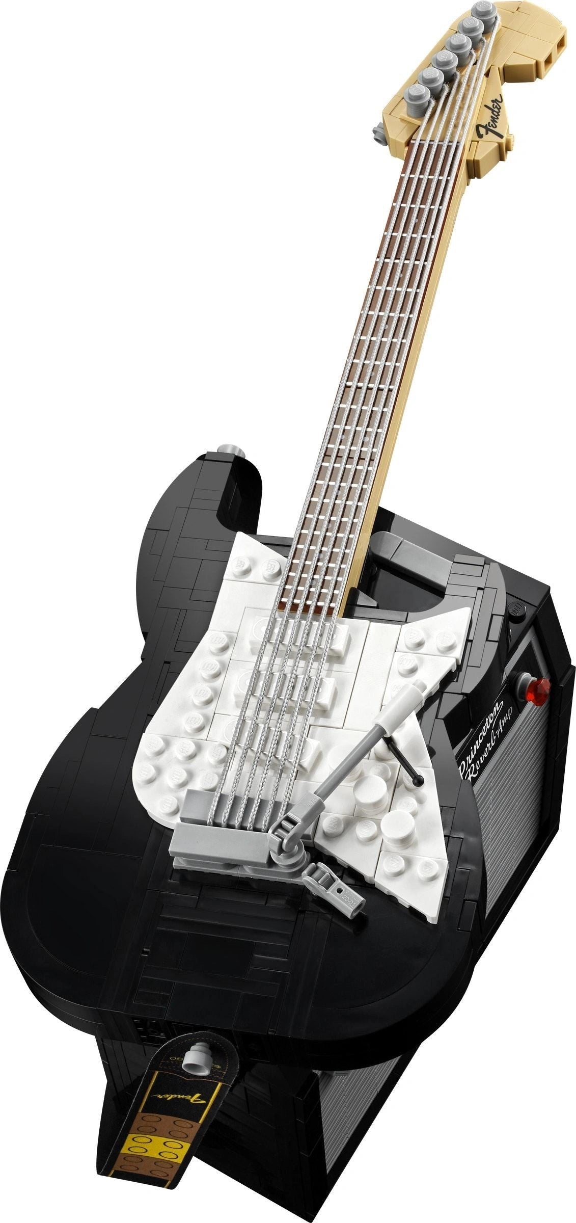 Black electric guitar model made of interlocking bricks on a white background