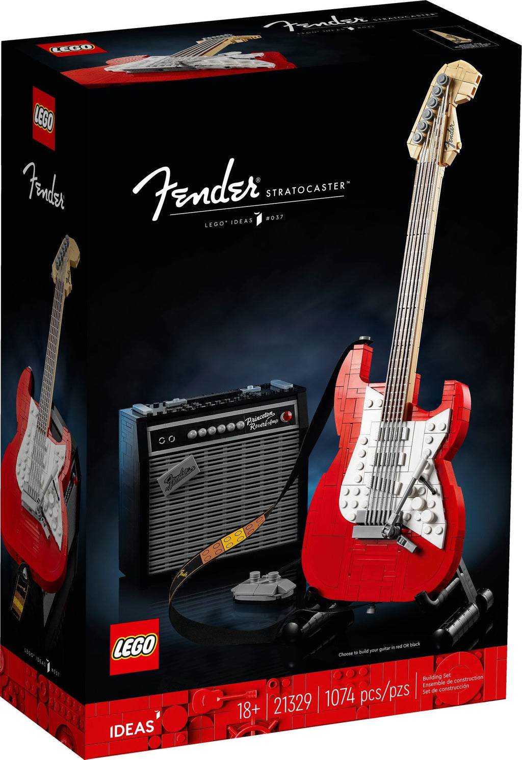 LEGO Fender Stratocaster guitar set packaging with guitar and amplifier on a dark background