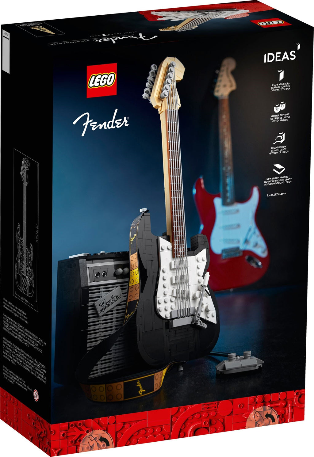 LEGO Fender guitar set packaging with guitar and amplifier models.