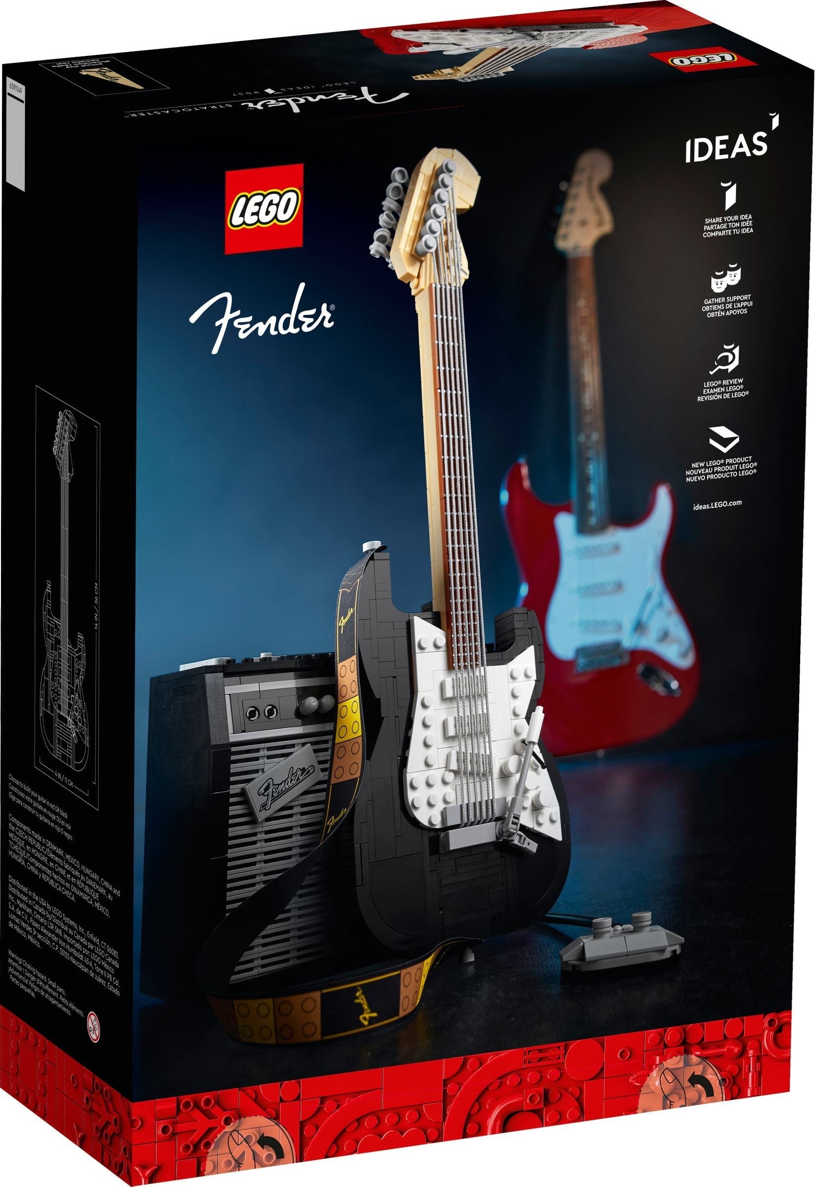 LEGO Fender guitar set packaging with guitar and amplifier models.