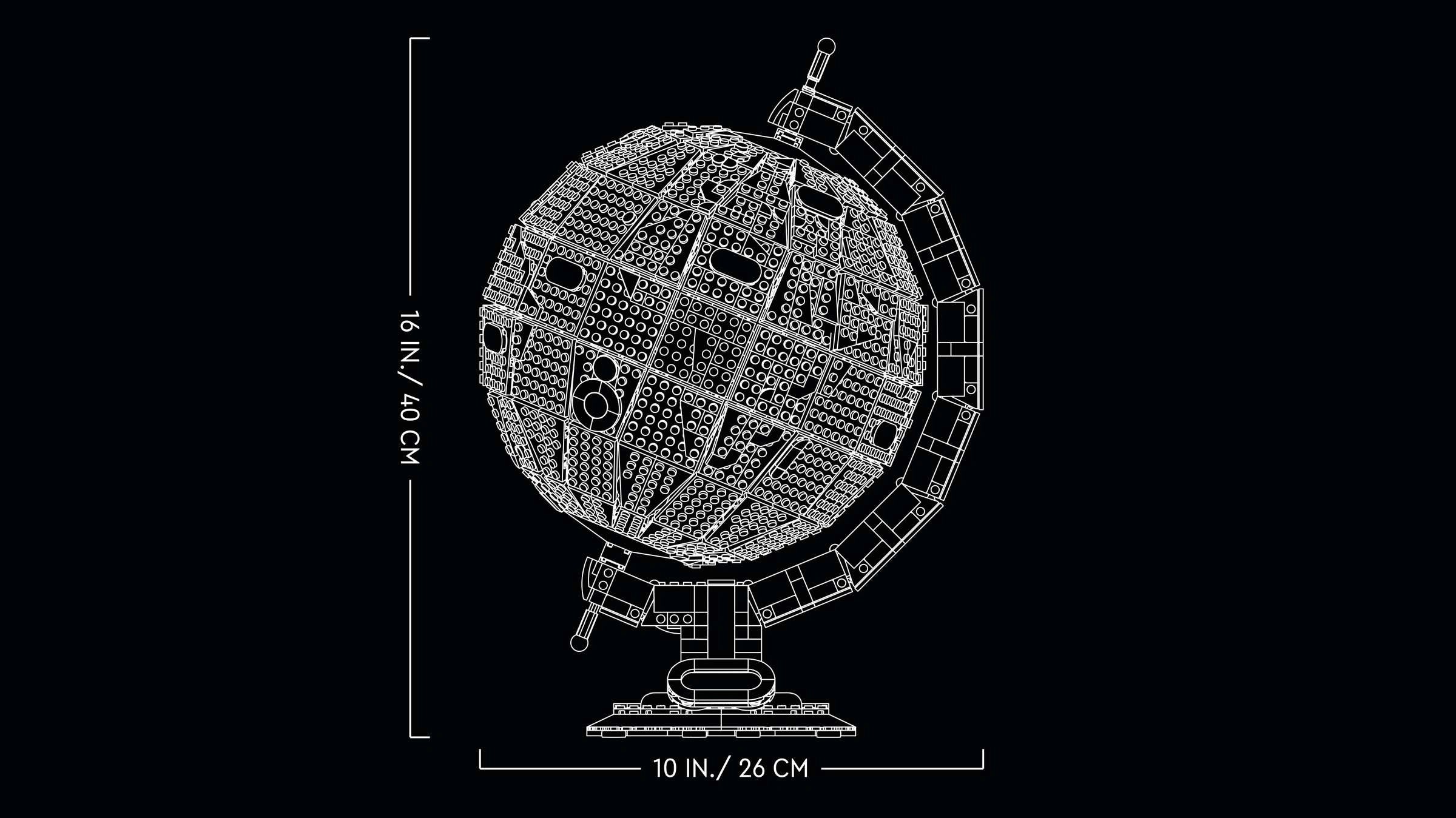 Technical drawing of a spherical object with dimensions on a black background