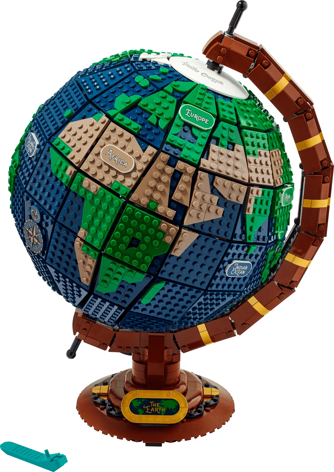 Model of a globe made from interlocking bricks on a transparent background