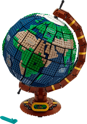 Model of a globe made from interlocking bricks on a transparent background