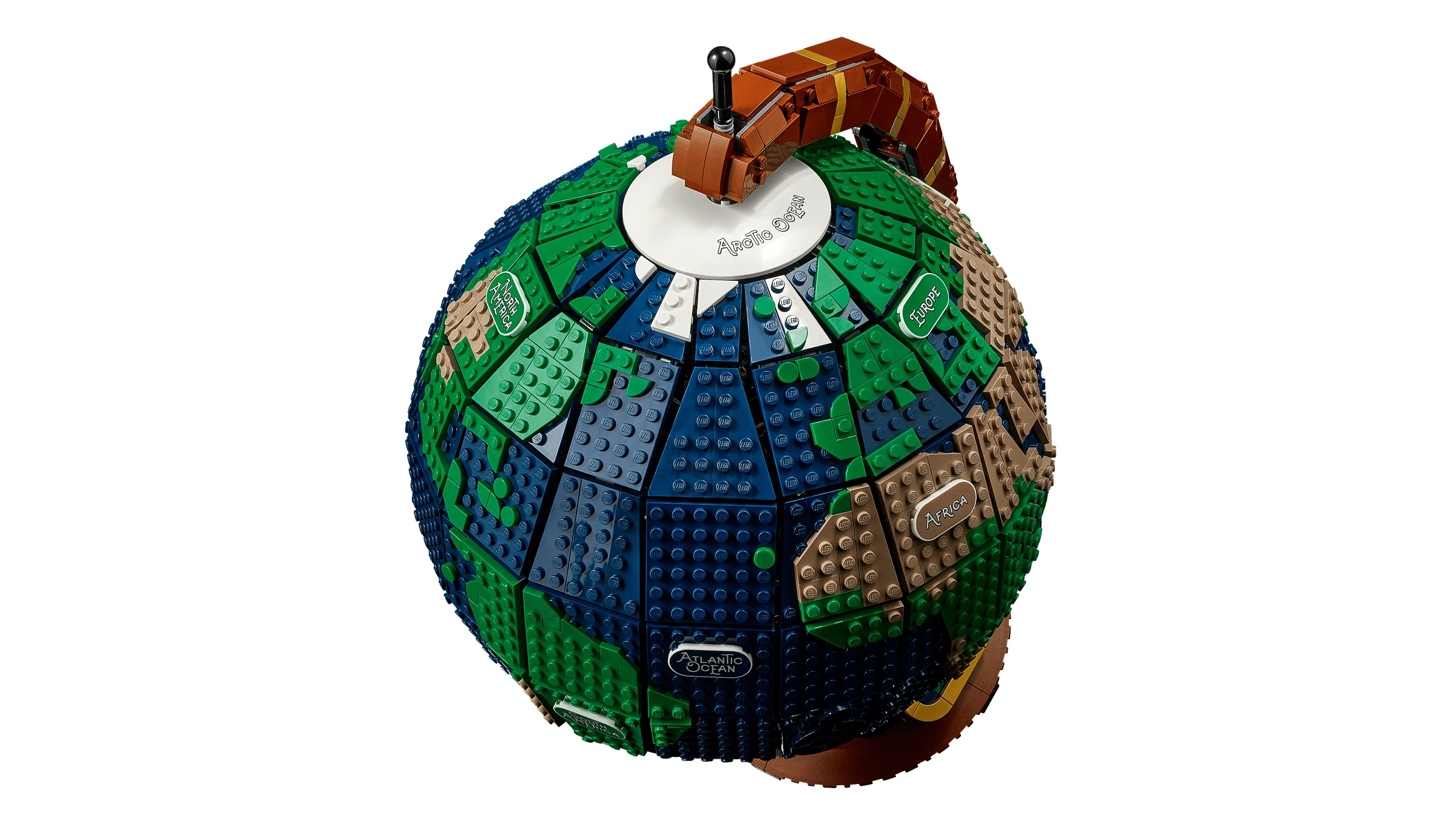LEGO globe with a teapot on top on a white background