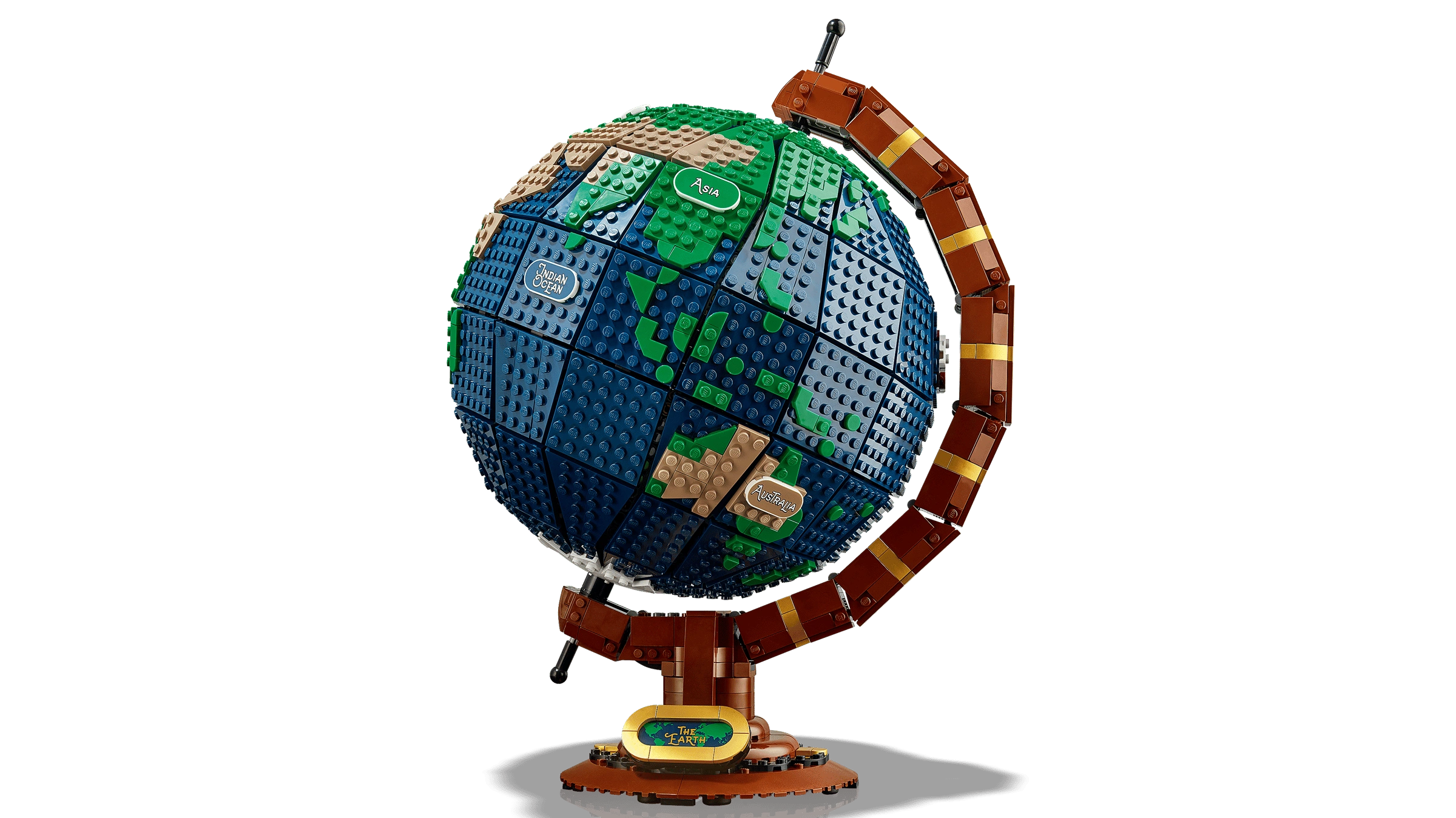 LEGO model of a globe on a white background