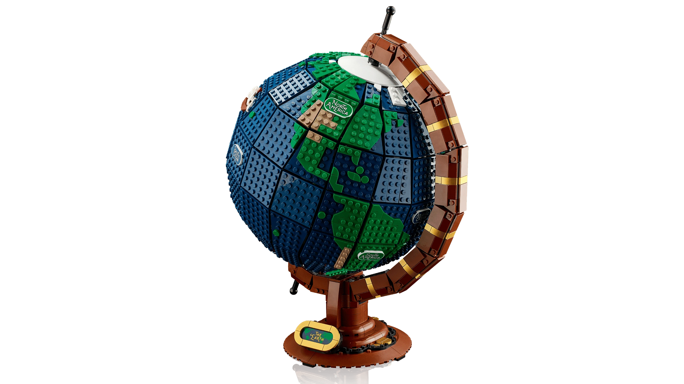 Globe model made from interlocking bricks on a white background