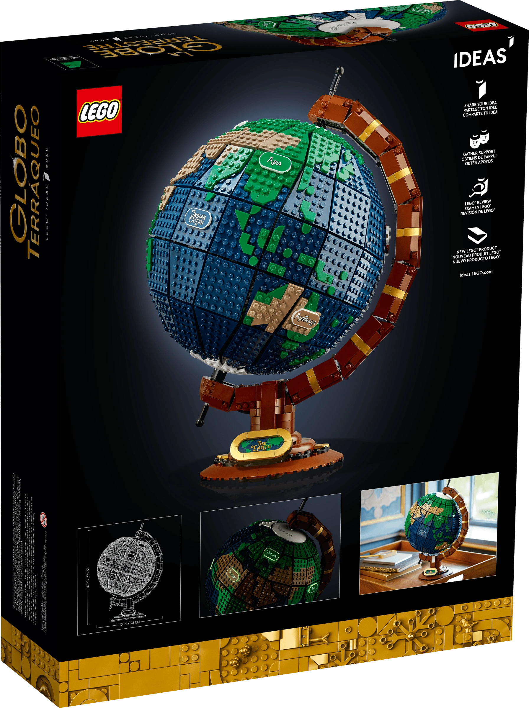 LEGO globe set packaging with Earth model on a black background