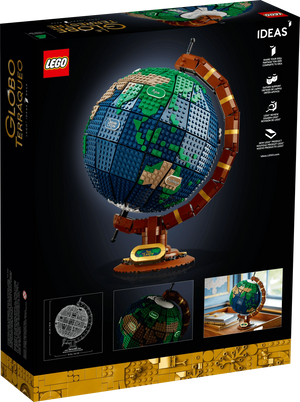 LEGO globe set packaging with Earth model on a black background
