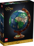 LEGO Globe set packaging with detailed world map design on a black background