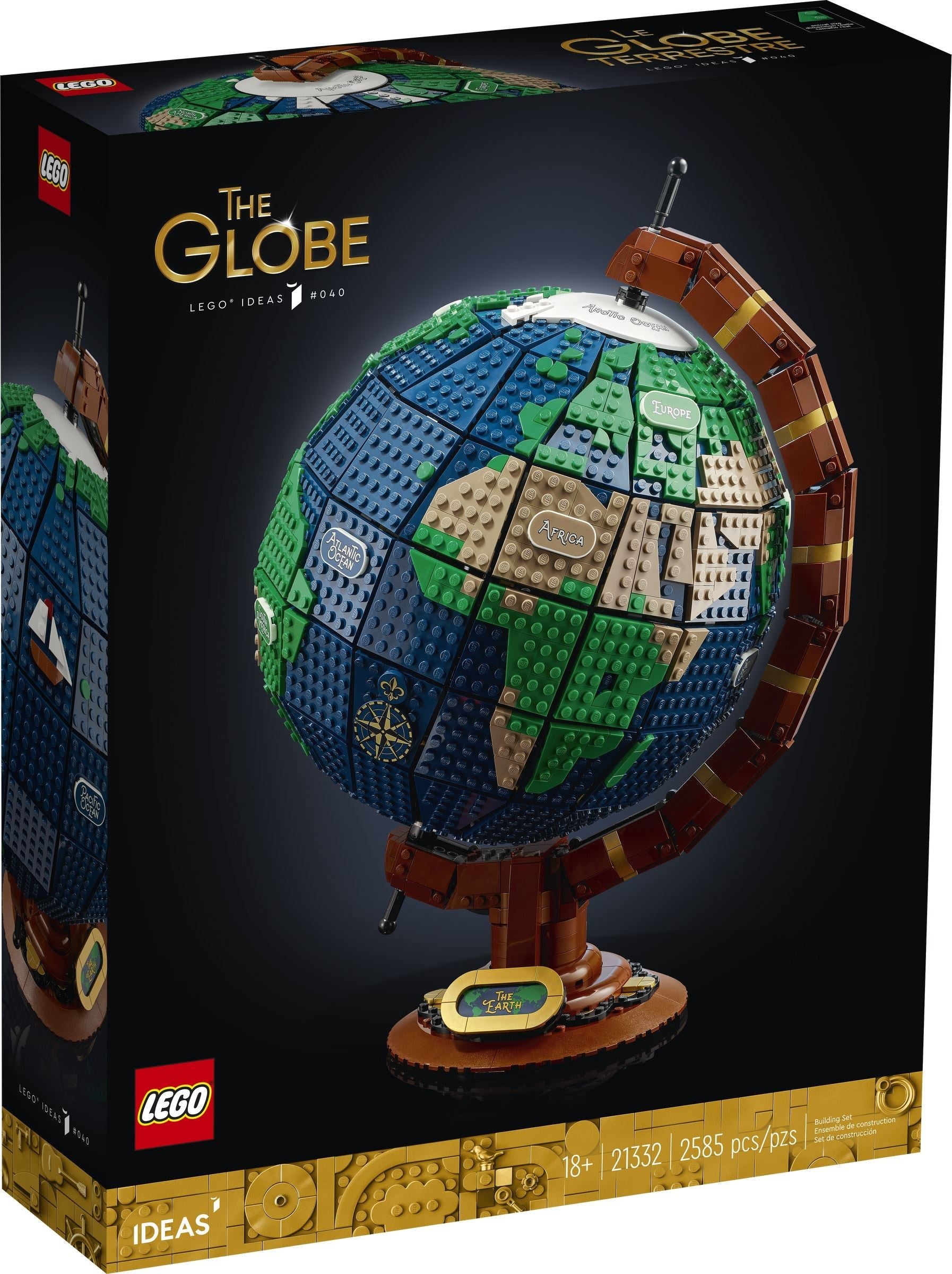 LEGO Globe set packaging with detailed world map design on a black background