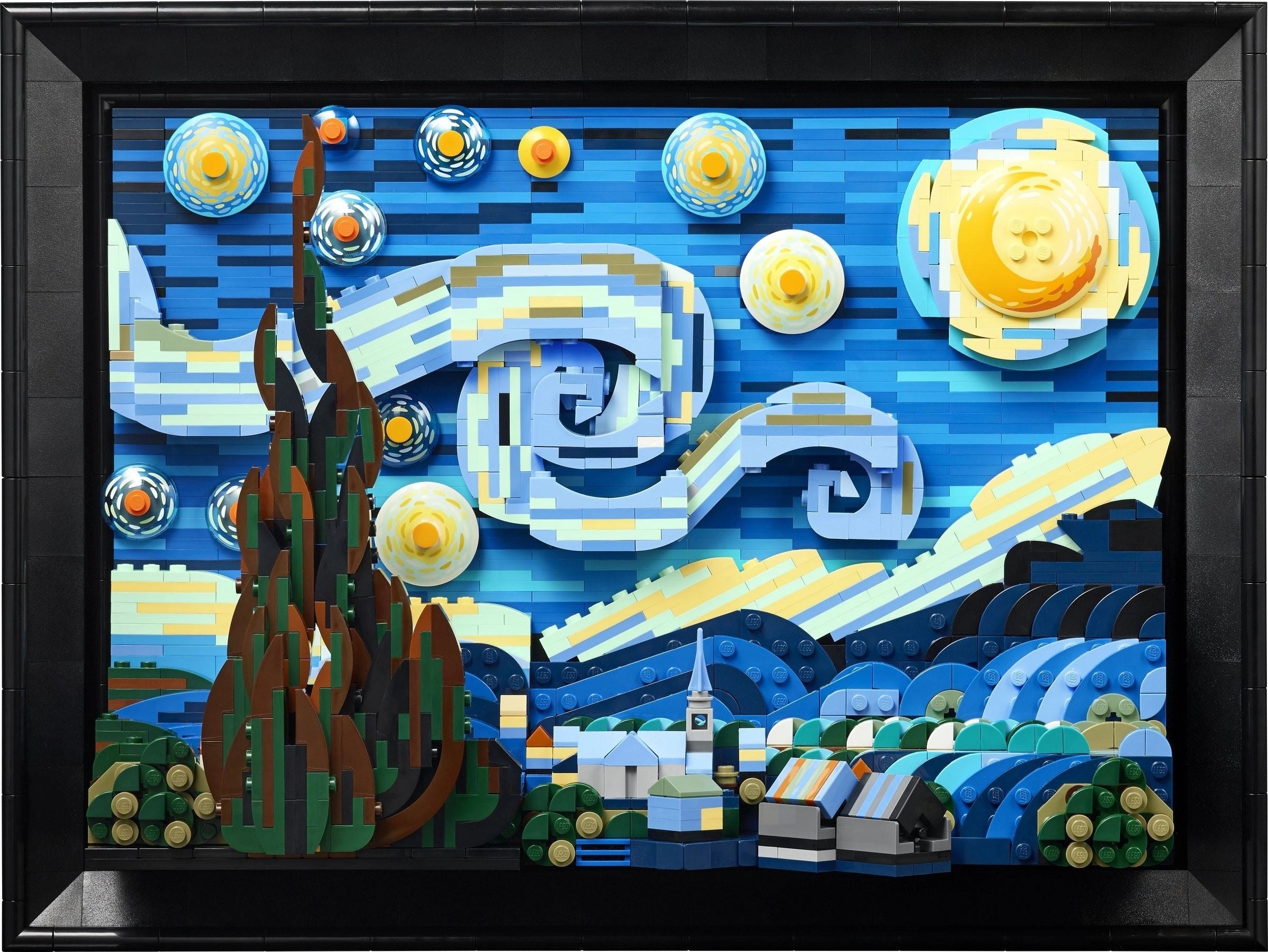 Artistic depiction of a cityscape with abstract elements and a black frame.