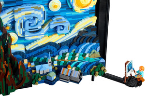 LEGO model of 'Starry Night' by Van Gogh with detailed landscape and figures.