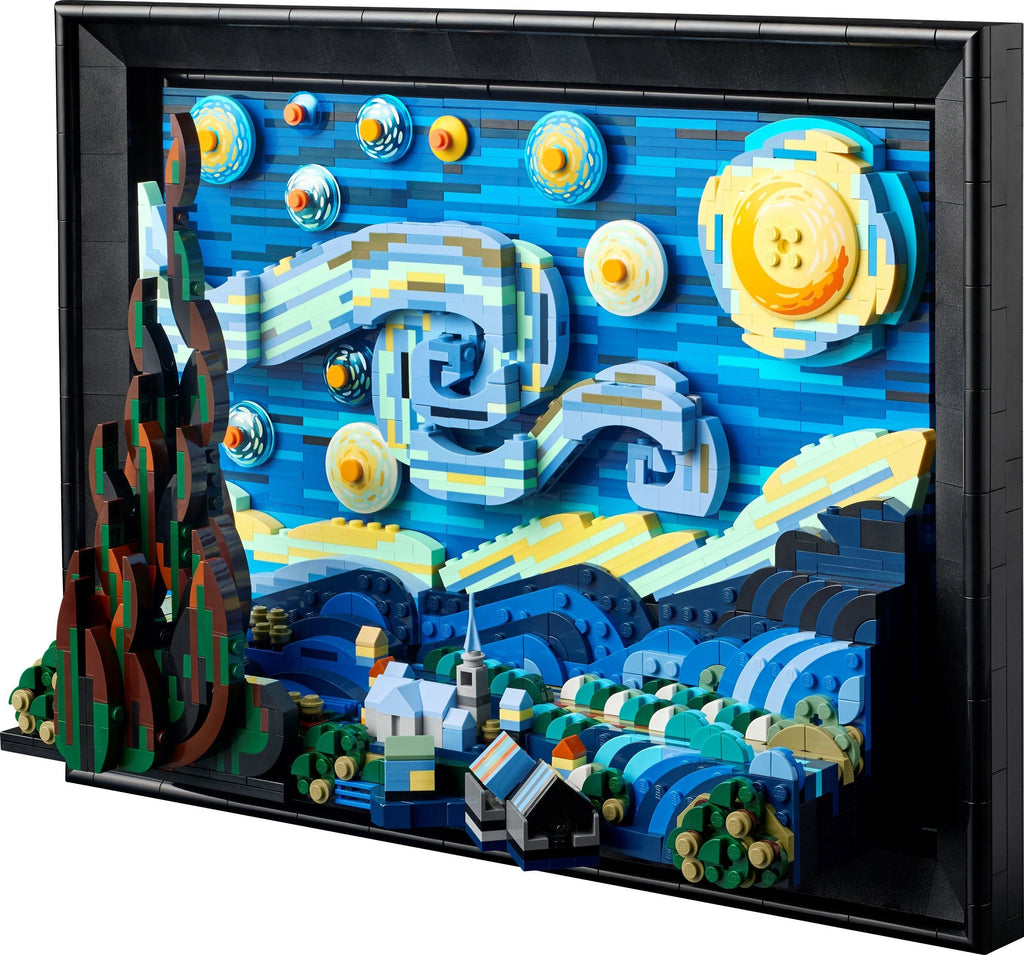 LEGO art piece inspired by Van Gogh's 'Starry Night' in a black frame.