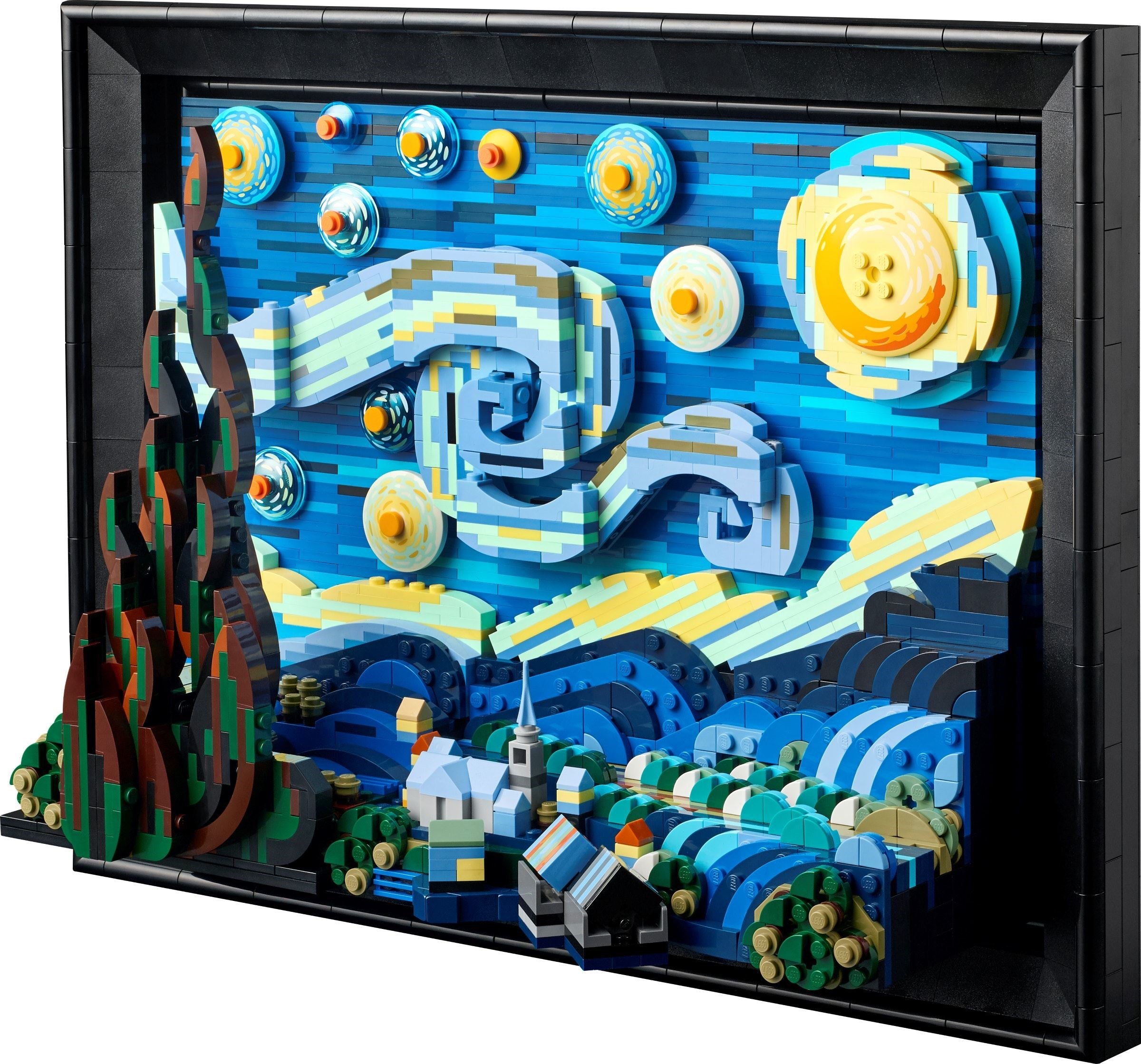 LEGO art piece inspired by Van Gogh's 'Starry Night' in a black frame.