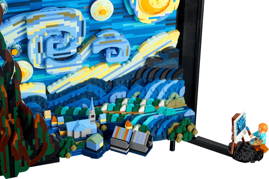 LEGO model of 'Starry Night' by Vincent van Gogh with a small figure painting the scene.