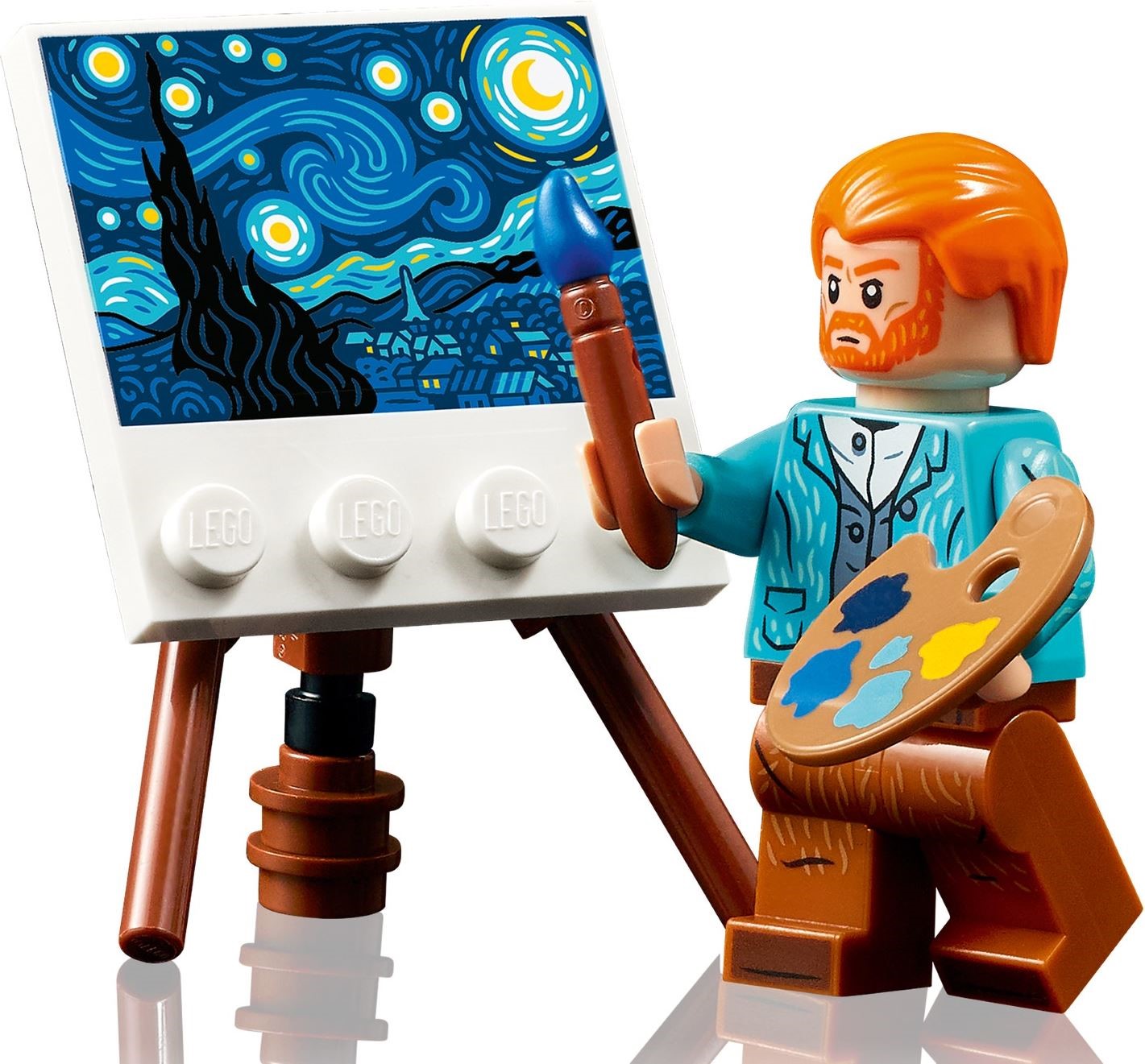 LEGO figure of an artist painting 'The Starry Night' with a LEGO easel and palette.