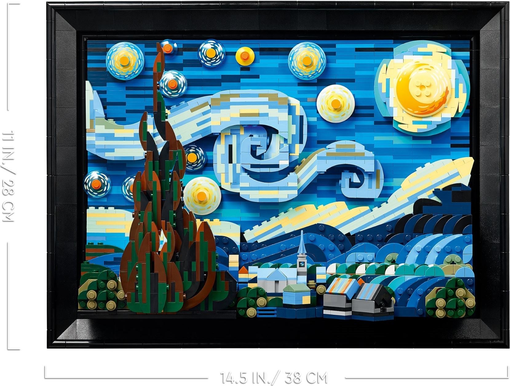 Artistic depiction of a landscape with abstract elements, resembling 'Starry Night', framed in black.