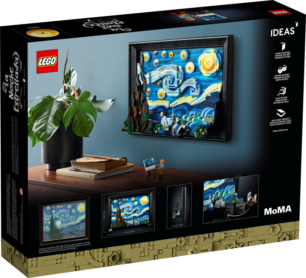 LEGO Ideas Van Gogh's The Starry Night set packaging with a model of the painting on a table.