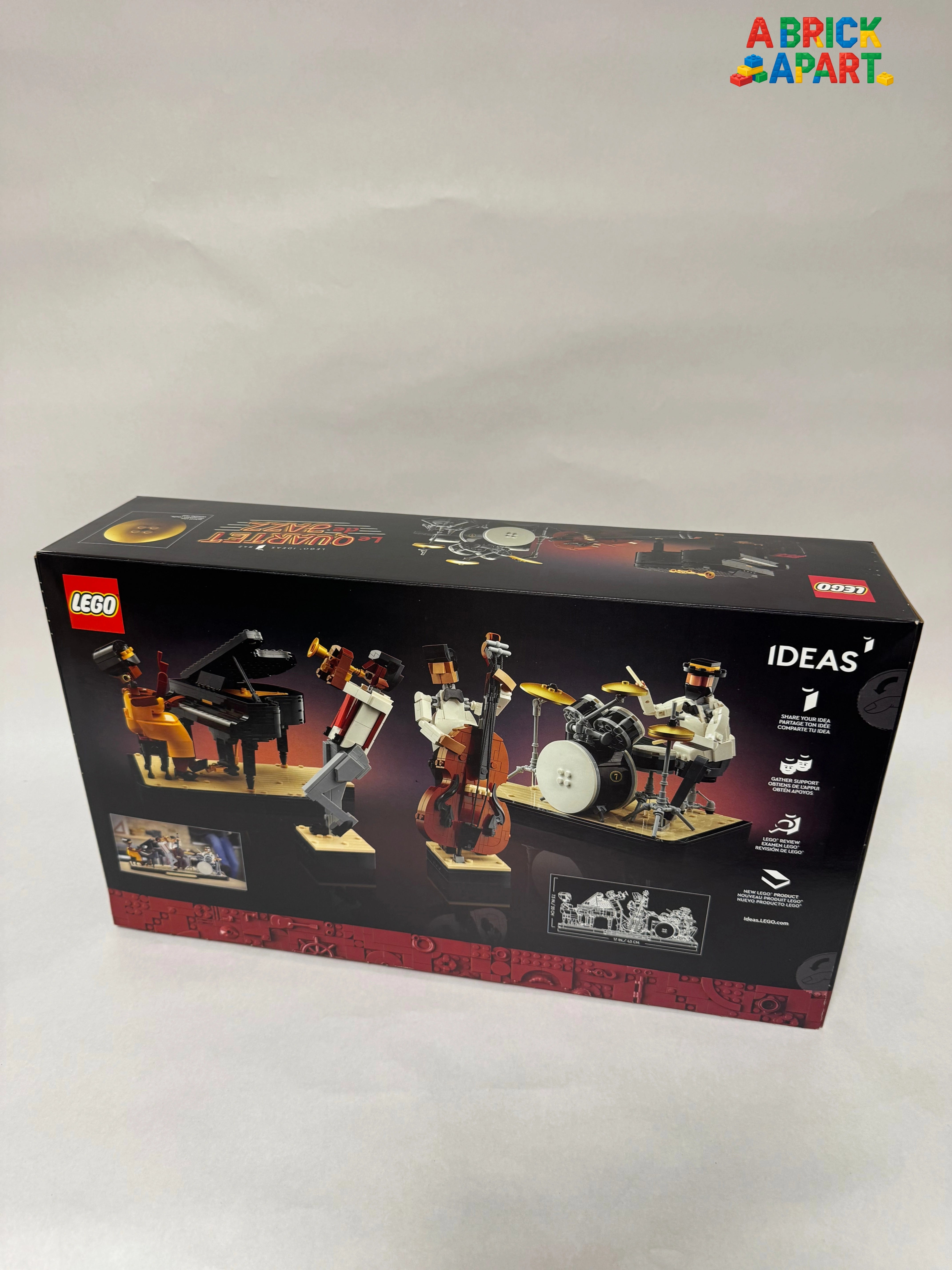LEGO Ideas box with musicians and instruments on a white background