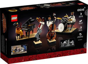 LEGO Ideas set packaging featuring musicians with instruments on a black background