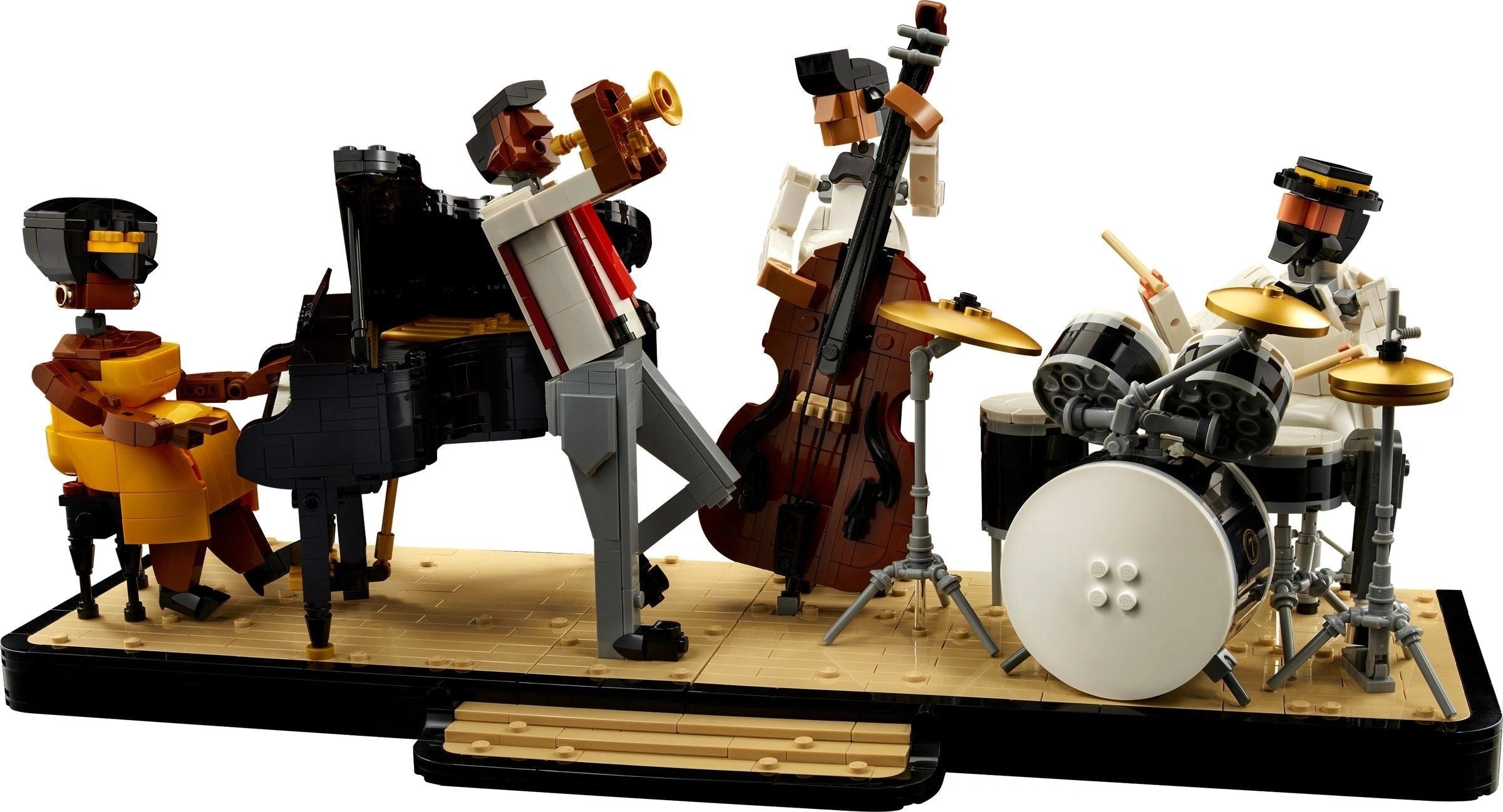 LEGO model of a band performing on stage with a piano, guitar, and drums.