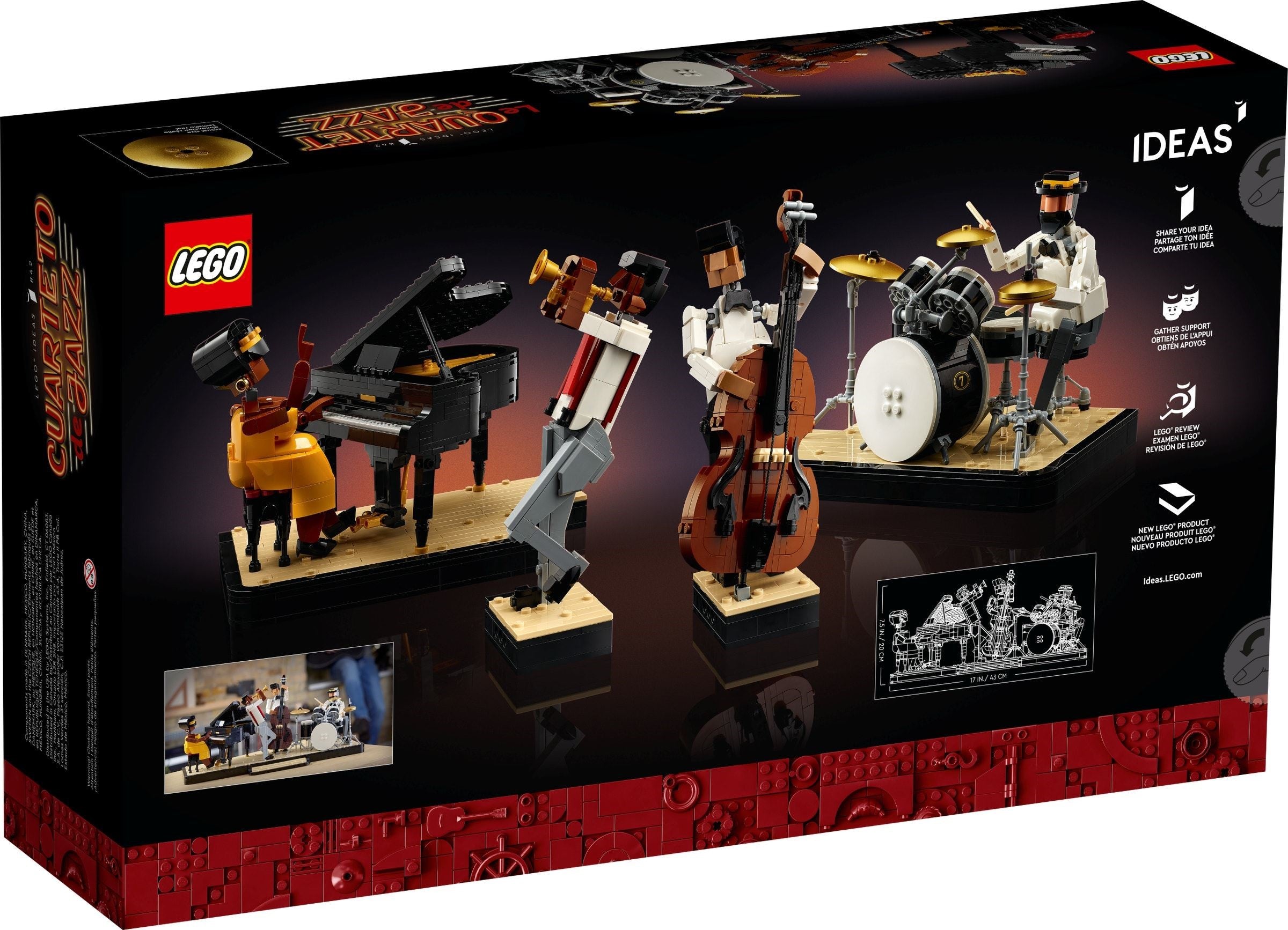 LEGO Ideas set packaging featuring musicians with instruments on a black background