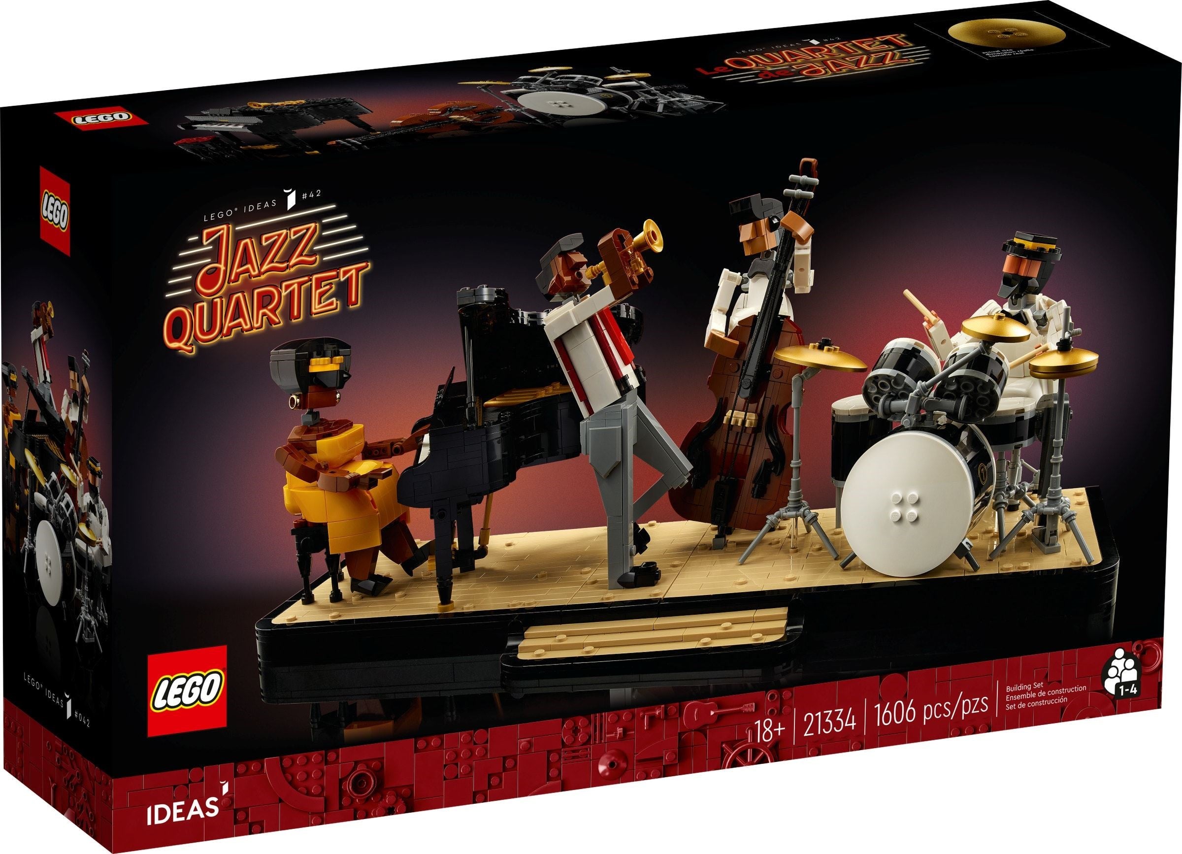 LEGO Ideas Jazz Quartet set packaging with musicians and instruments on a stage.