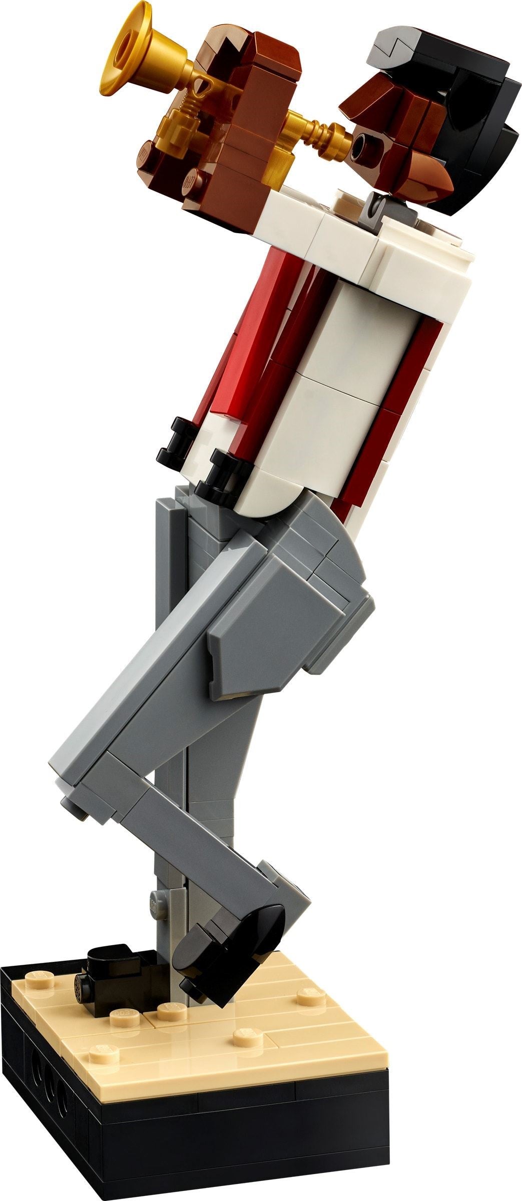 LEGO model of a robot with a camera on a white background